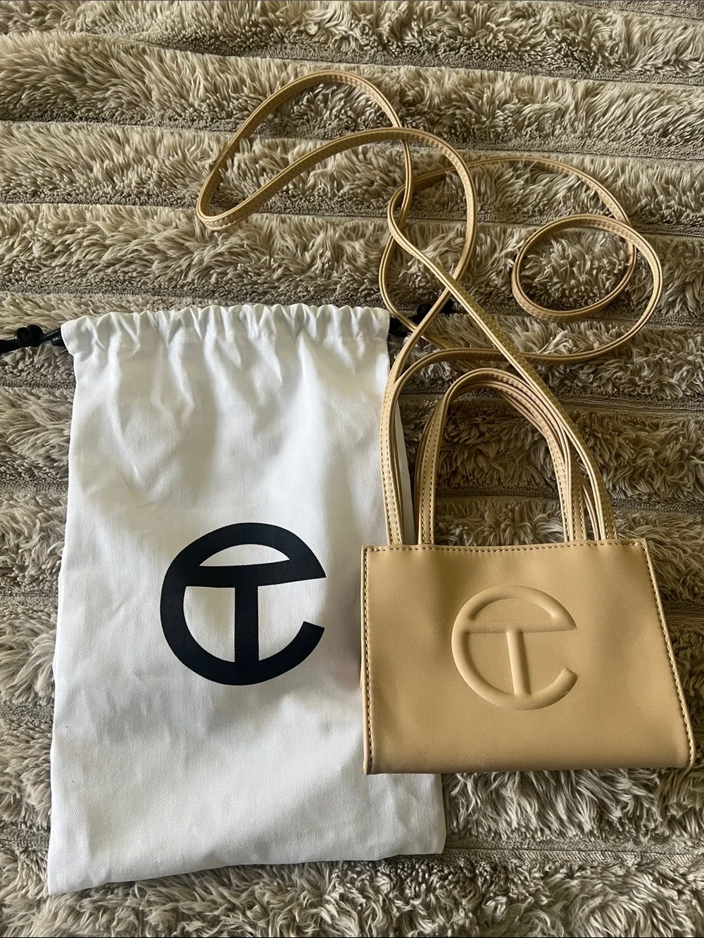 Telfar Small Cream Crossbody Tote with Embossed Logo
